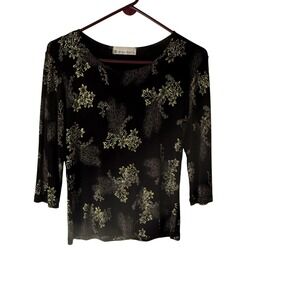 Dressbarn Shirt Y2k Medium Black Gold Floral Print 3/4 Sleeve Stretch Top Grunge